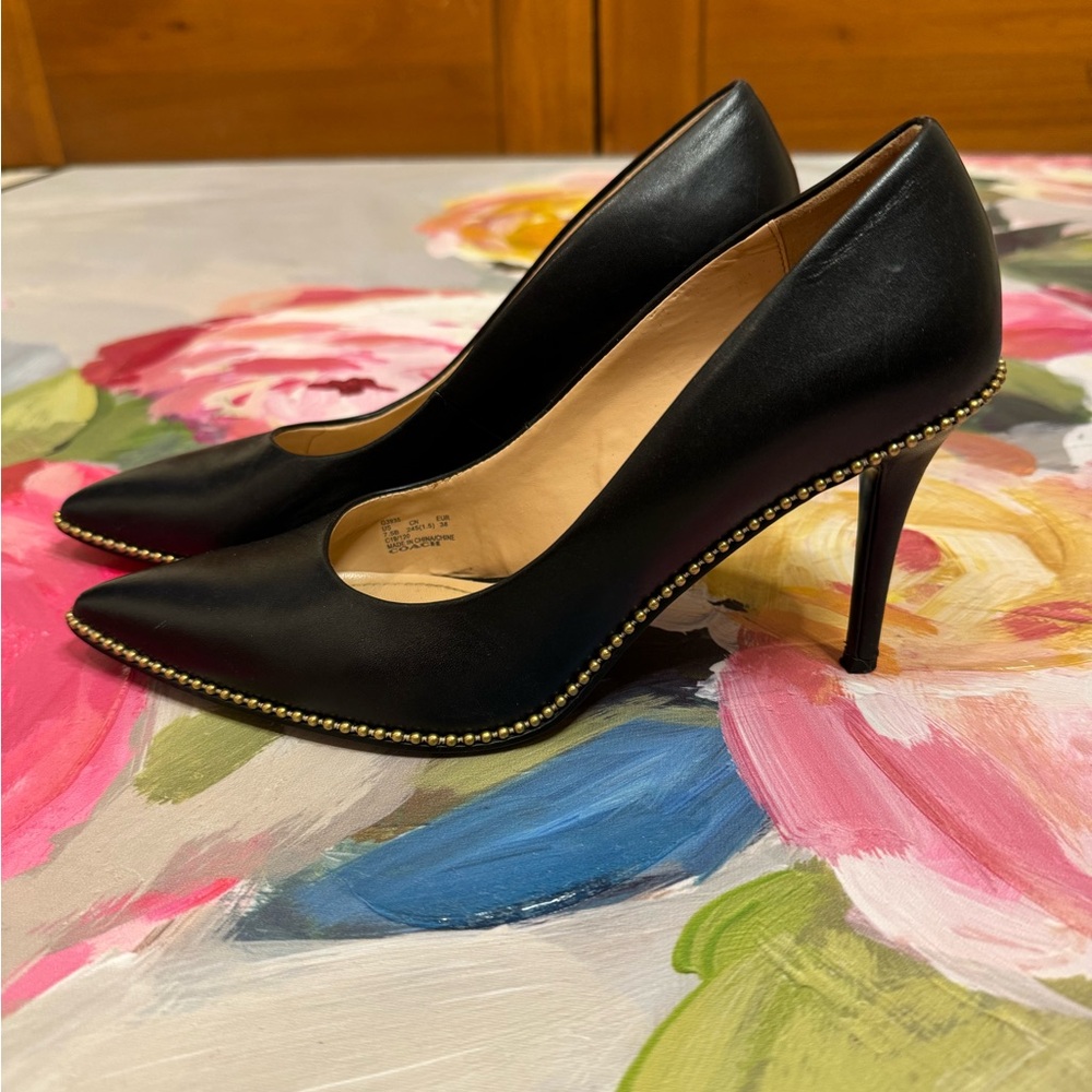 Coach Black and Gold Heels with Studded Accents